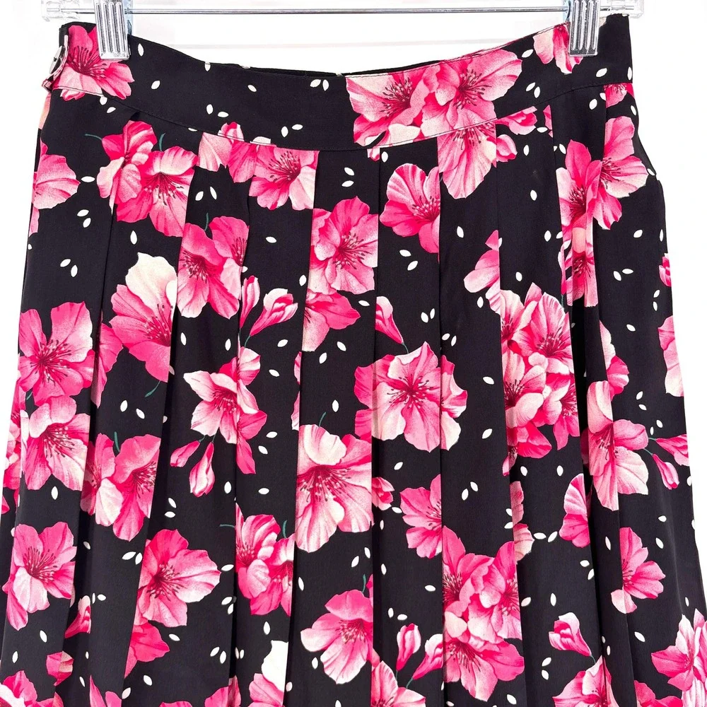 Vintage MaxMara‎ Silk Floral Polka Dot Pleated Skirt Made in Italy Pink Black 8